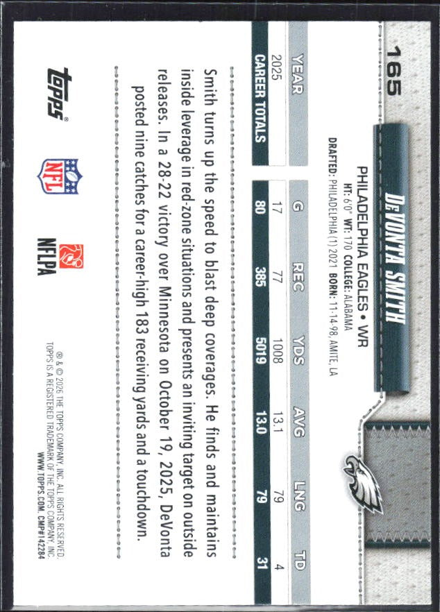 2026 Topps Flagship Football DeVonta Smith #165 – baksida