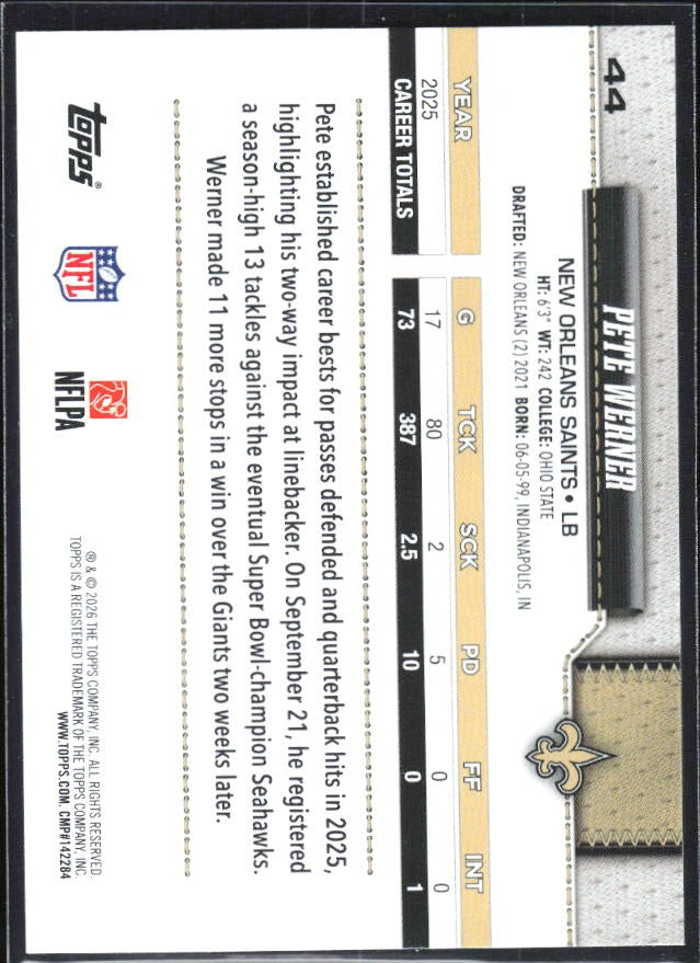 2026 Topps Flagship Football Pete Werner #44 – baksida