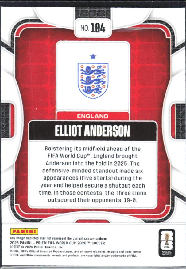 Elliot Anderson 2026 Prizm World Cup Base baksida