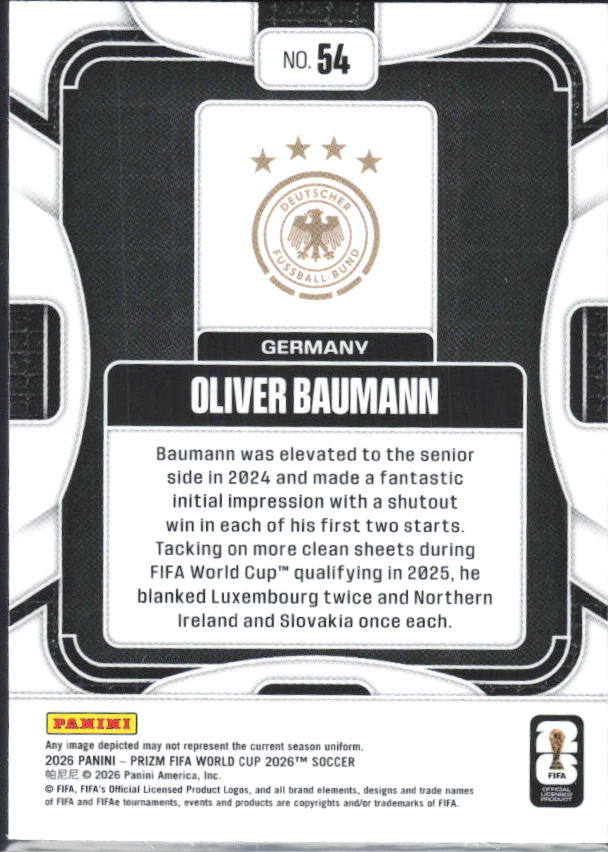 Oliver Baumann 2026 Prizm World Cup Base baksida SKU 10681