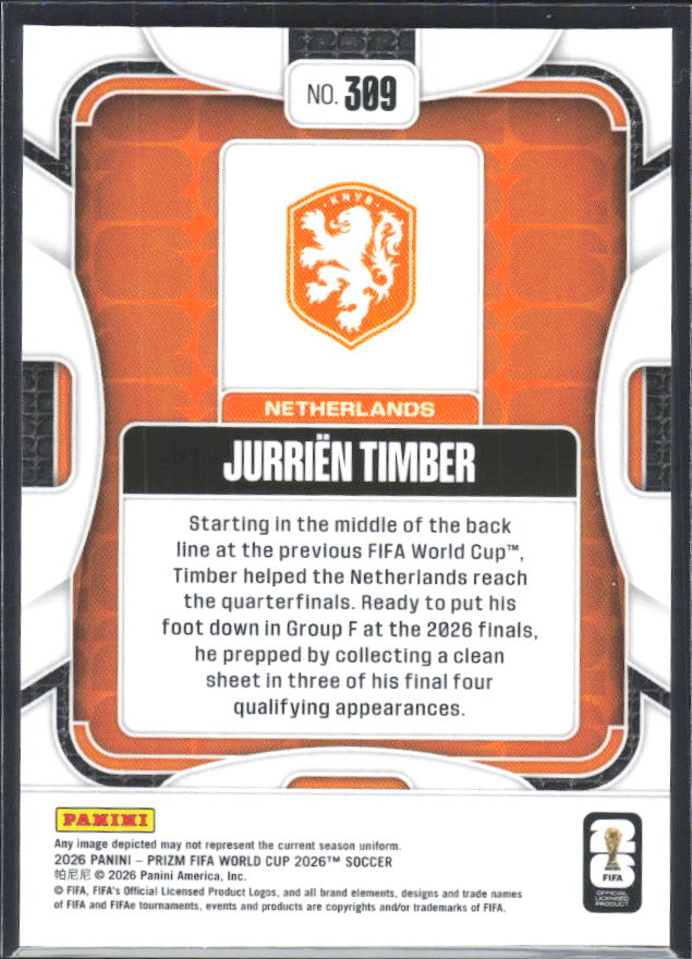 Jurrien Timber 2026 Prizm World Cup Base baksida SKU 10705