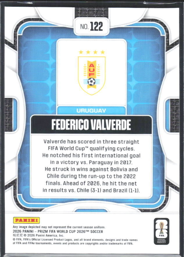 Federico Valverde 2026 Prizm World Cup Base baksida SKU 10712