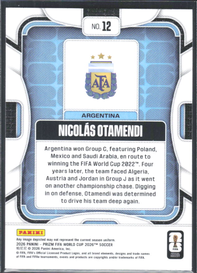 Nicolas Otamendi 2026 Prizm World Cup Base baksida SKU 10717