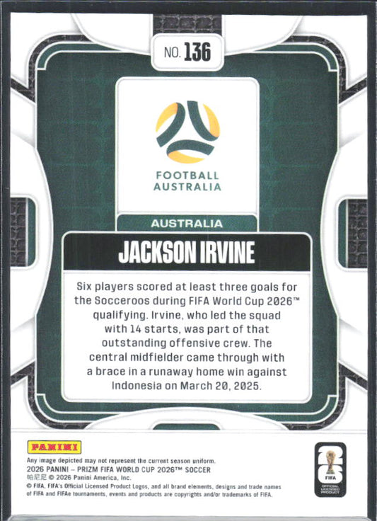 Jackson Irvine 2026 Prizm World Cup Base baksida SKU 10718