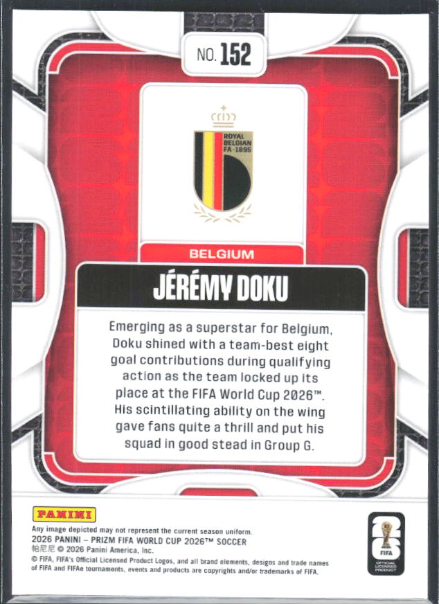 Jeremy Doku 2026 Prizm World Cup Base baksida SKU 10726