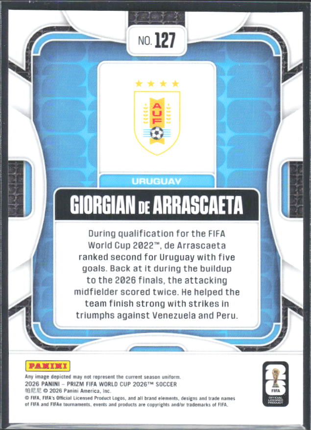 Giorgian de Arrascaeta 2026 Prizm World Cup Base baksida SKU 10749