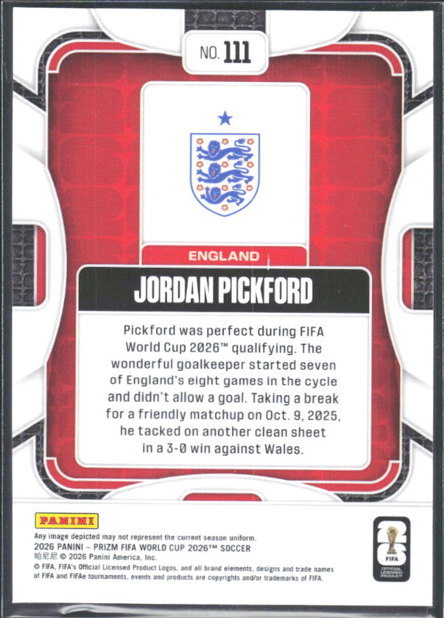 Jordan Pickford 2026 Prizm World Cup Base baksida SKU 10755