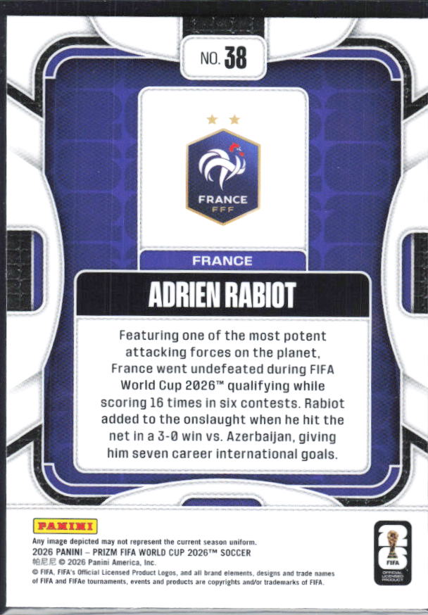 Adrien Rabiot 2026 Prizm World Cup Base baksida SKU 10780