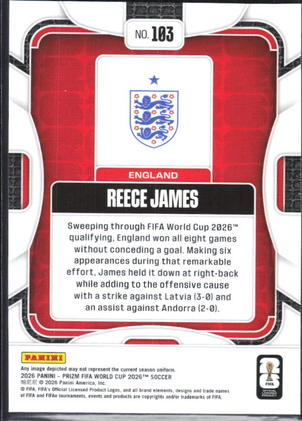 Reece James 2026 Prizm World Cup Base baksida SKU 10796