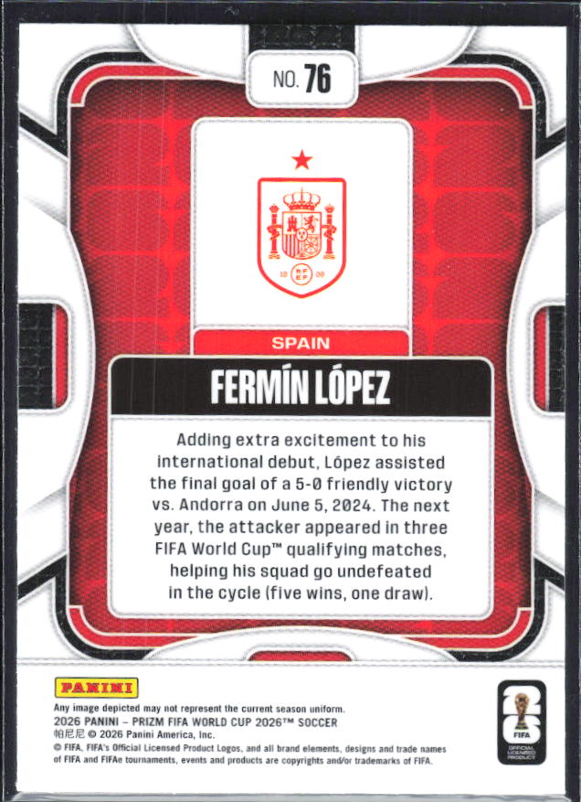 Fermin Lopez 2026 Prizm World Cup Base baksida SKU 10811