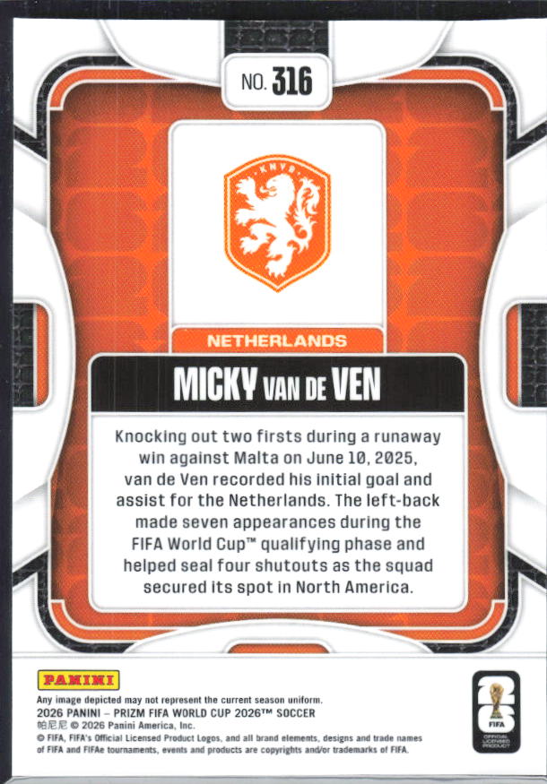 Micky van de Ven 2026 Prizm World Cup Base baksida SKU 10815