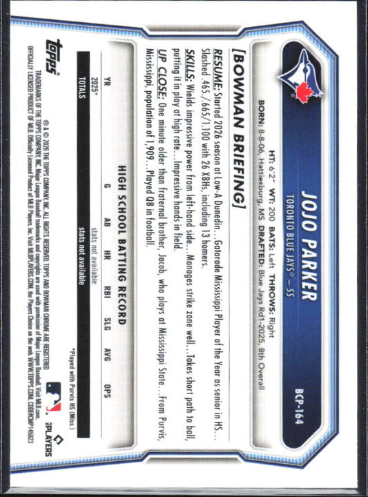JoJo Parker 2026 Bowman Chrome #BCP-164 Blue Wave /150 – baksida