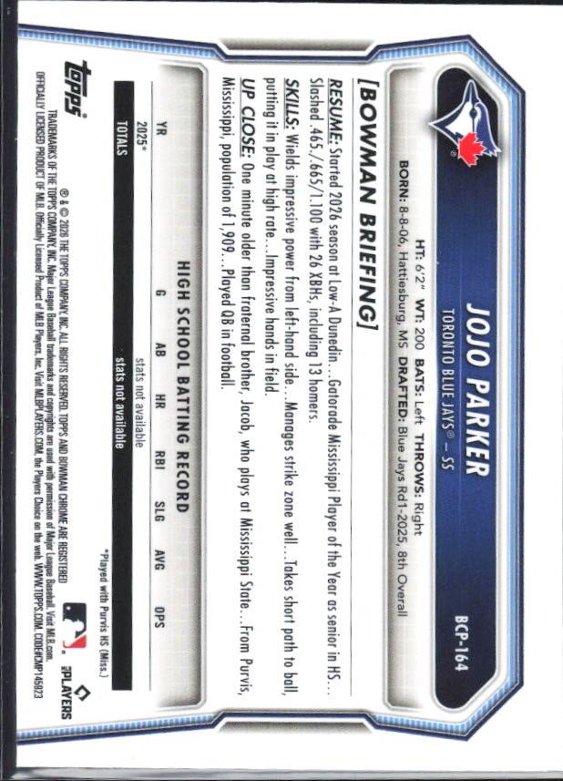 JoJo Parker 2026 Bowman Chrome #BCP-164 X-Fractor – baksida