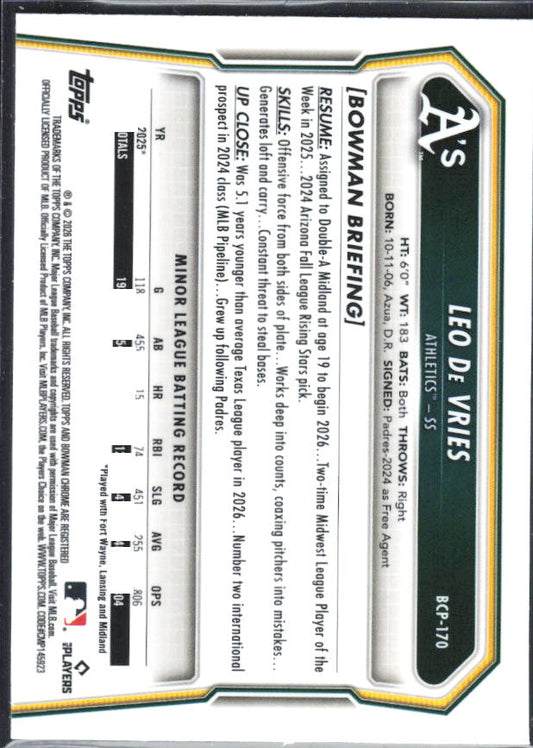 Leo De Vries 2026 Bowman Chrome #BCP-170 Base – baksida