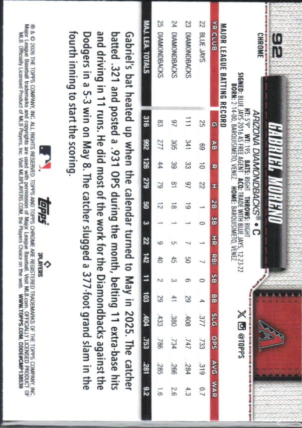 Gabriel Moreno 2026 Topps Chrome #92 baksida