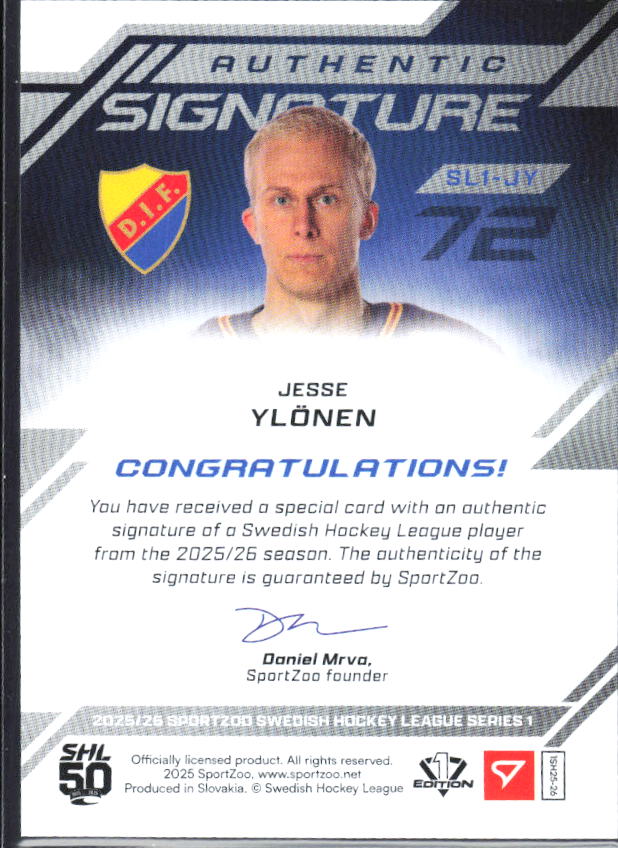 2025-26 SportZoo SHL S1 #SL1-JY Jesse Ylönen Authentic Signature Level 1 40/99 – baksida