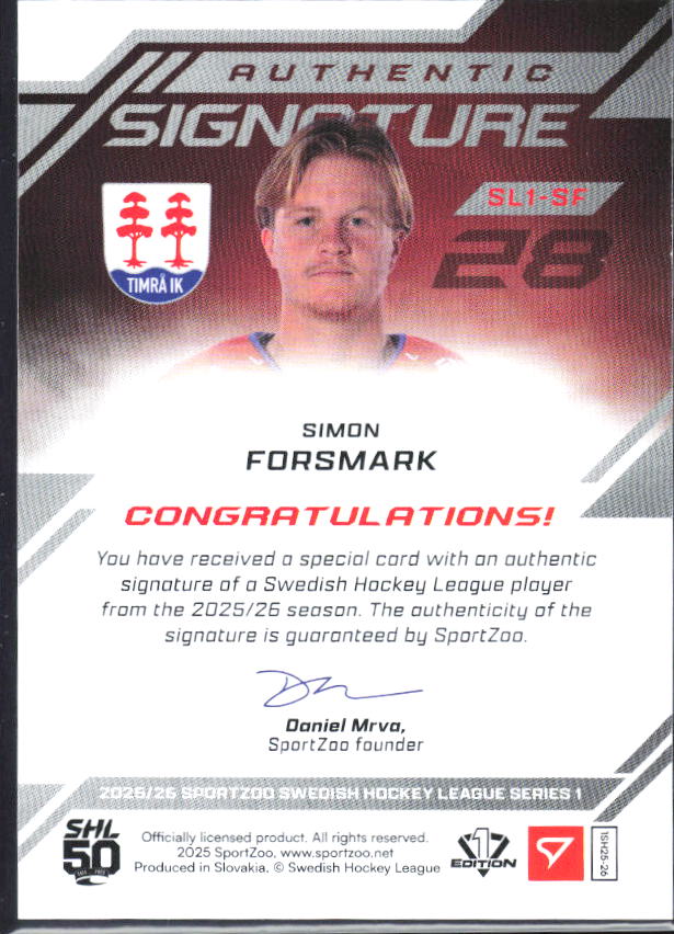 2025-26 SportZoo SHL S1 #SL1-SF Simon Forsmark Authentic Signature Level 1 22/99 – baksida