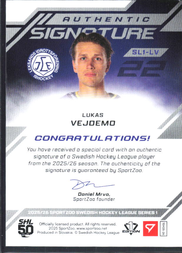 2025-26 SportZoo SHL S1 #SL1-LV Lukas Vejdemo Authentic Signature Level 1 43/99 – baksida