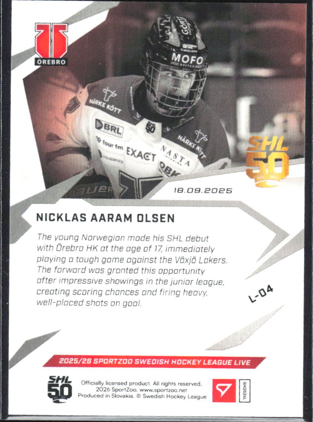 2025-26 SportZoo SHL LIVE #L-04 Nicklas Aaram Olsen 27/54 RC – baksida