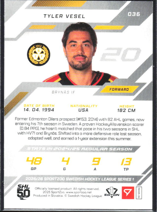2025-26 SportZoo SHL S1 #036 Tyler Vesel Shamrock Green 18/30 – baksida