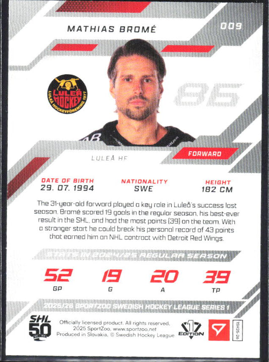 2025-26 SportZoo SHL S1 #009 Mathias Bromé Shamrock Green 04/30 – baksida
