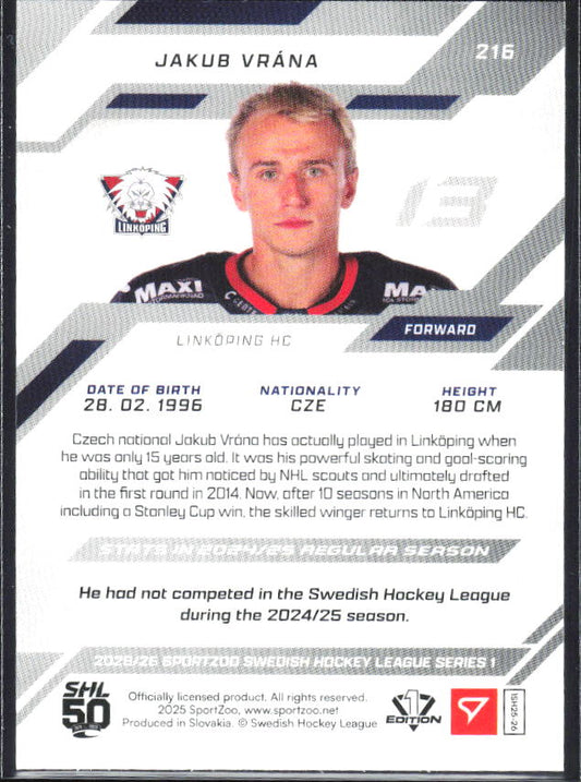 2025-26 SportZoo SHL S1 #216 Jakub Vrána Shamrock Green 12/30 – baksida