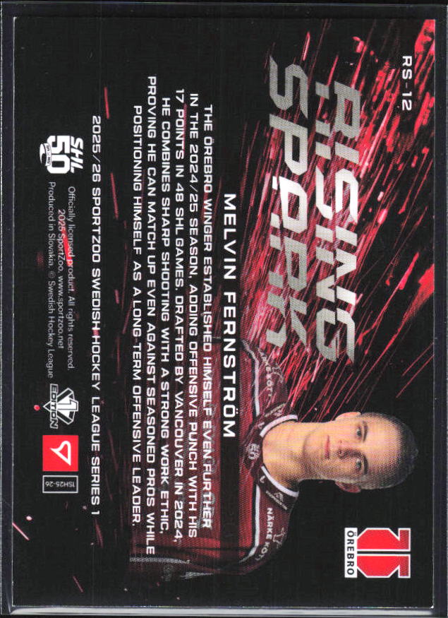 2025-26 SportZoo SHL S1 #RS-12 Melvin Fernström Rising Spark Sky Blue 35/65 – baksida