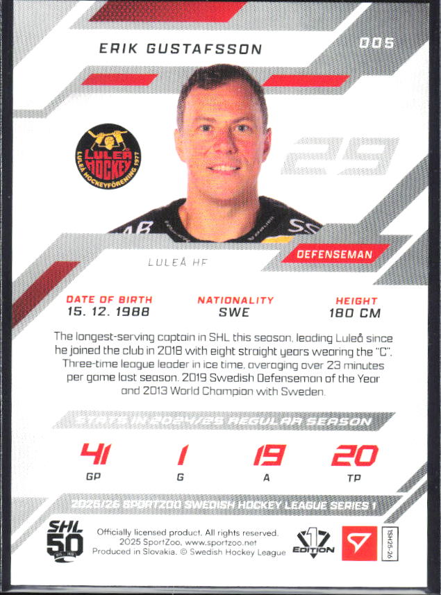 2025-26 SportZoo SHL S1 #005 Erik Gustafsson Blonde Gold 09/10 – baksida