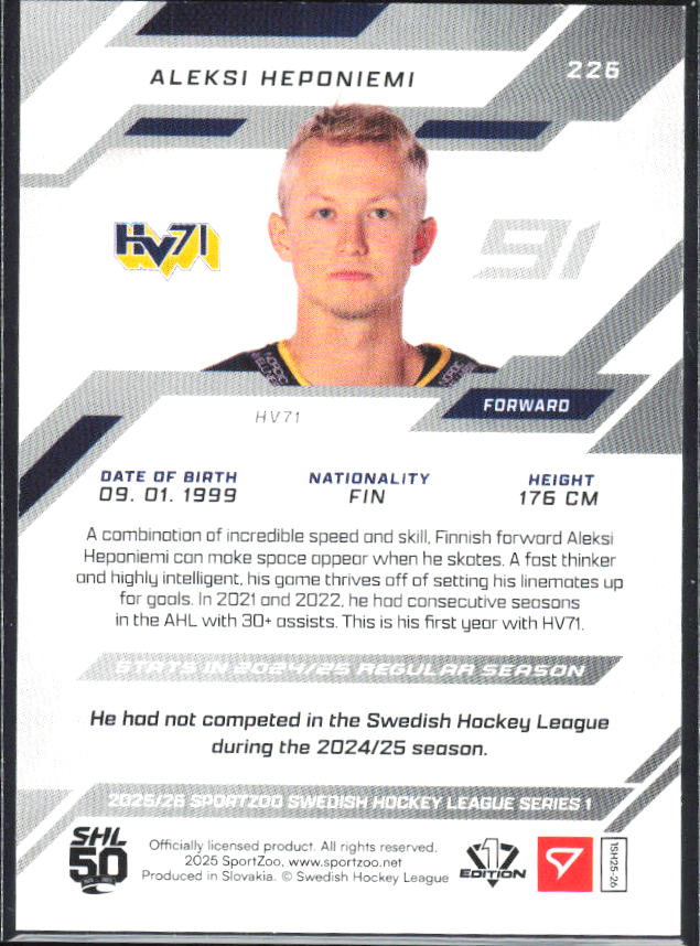 2025-26 SportZoo SHL S1 #226 Aleksi Heponiemi Scarlet Red 02/20 – baksida