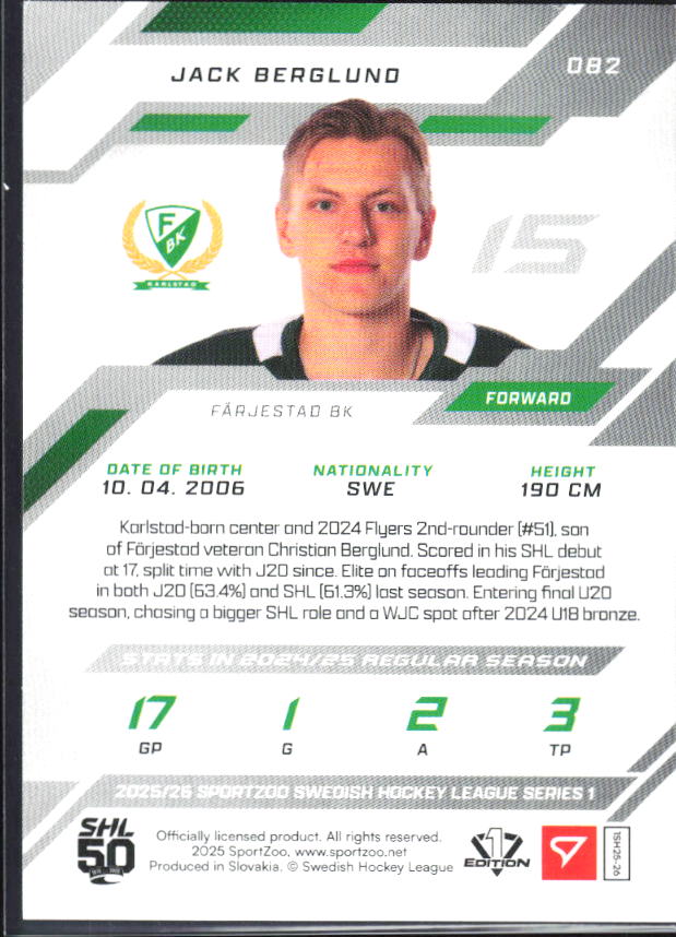 2025-26 SportZoo SHL S1 #082 Jack Berglund Shamrock Green 26/30 – baksida