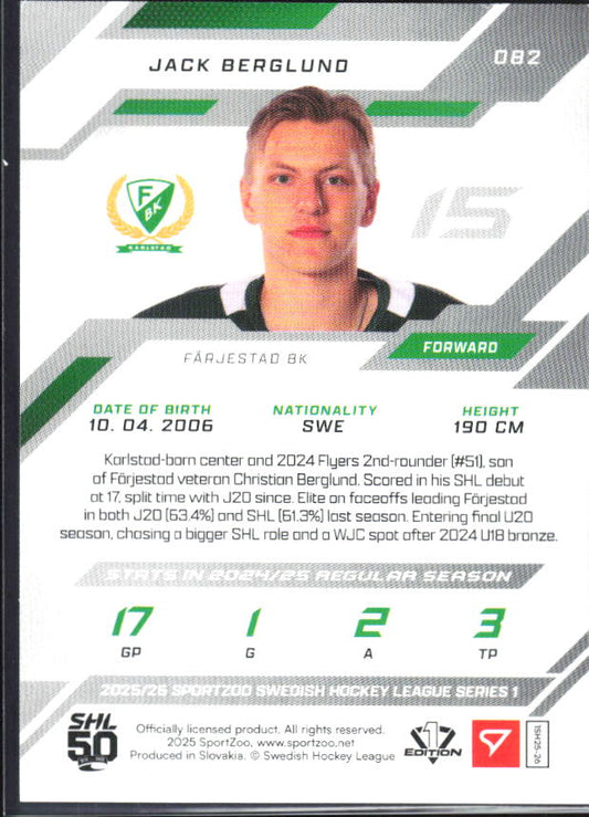 2025-26 SportZoo SHL S1 #082 Jack Berglund Shamrock Green 26/30 – baksida