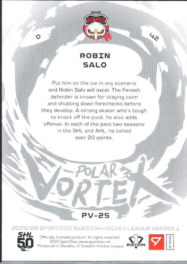 2025-26 SportZoo SHL S1 #PV-25 Robin Salo Polar Vortex Steel Blue 31/99 – baksida
