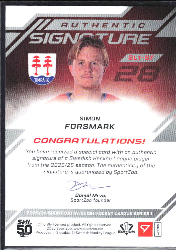 2025-26 SportZoo SHL S1 #SL1-SF Simon Forsmark Authentic Signature Level 1 61/99 – baksida