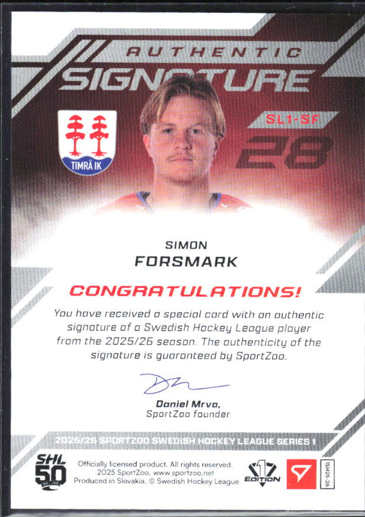 2025-26 SportZoo SHL S1 #SL1-SF Simon Forsmark Authentic Signature Level 1 61/99 – baksida