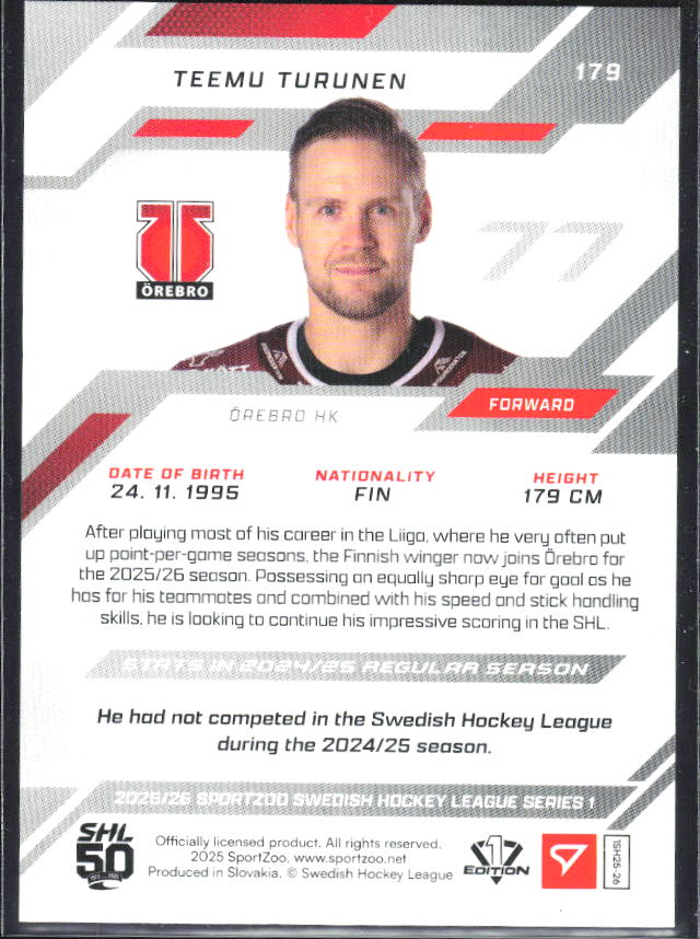 2025-26 SportZoo SHL S1 #179 Teemu Turunen Blonde Gold 03/10 – baksida