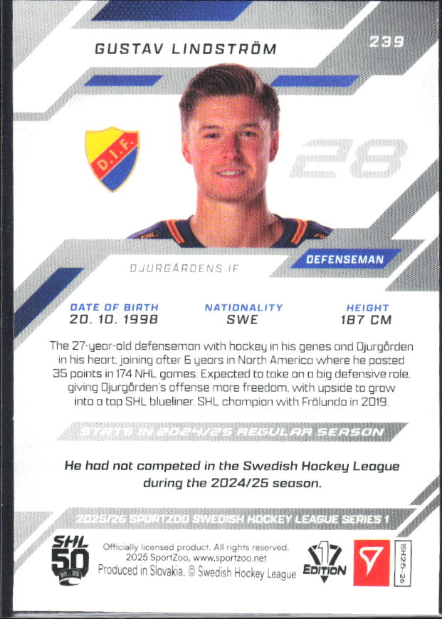 2025-26 SportZoo SHL S1 #239 Gustav Lindström Shamrock Green 22/30 – baksida