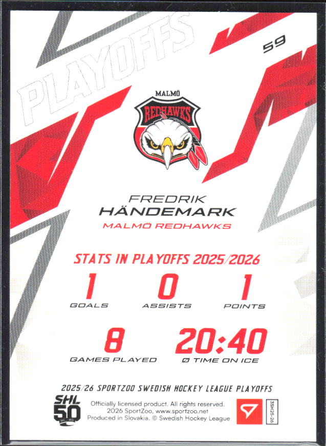 2025-26 SportZoo SHL Playoffs #59 Fredrik Händemark Playoffs Deep Gold 06/10 – baksida