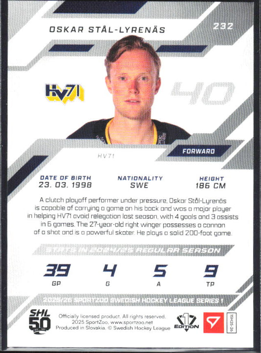 2025-26 SportZoo SHL S1 #232 Oskar Stål-Lyrenäs Blonde Gold 09/10 – baksida