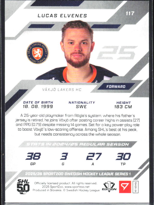 2025-26 SportZoo SHL S1 #117 Lucas Elvenes Shamrock Green 13/30 – baksida