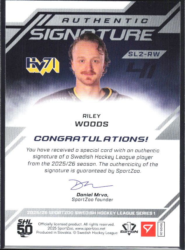 2025-26 SportZoo SHL S1 #SL2-RW Riley Woods Authentic Signature Level 2 36/65 – baksida
