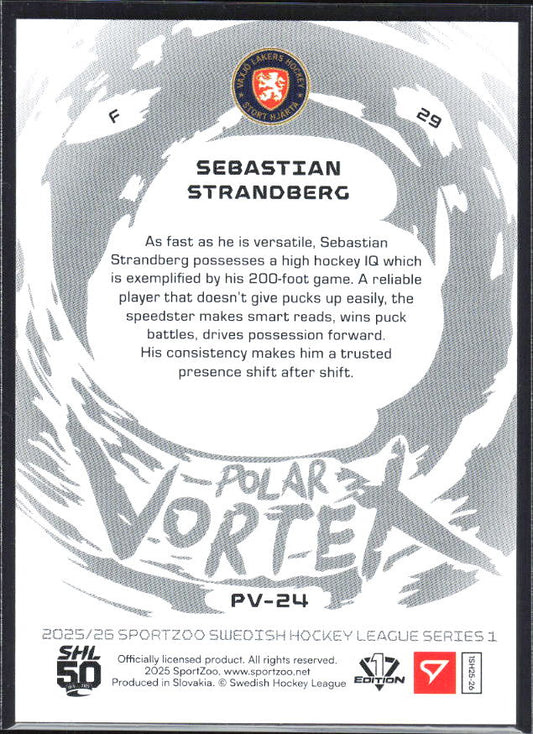 2025-26 SportZoo SHL S1 #PV-24 Sebastian Strandberg Polar Vortex Coral Copper 52/65 – baksida