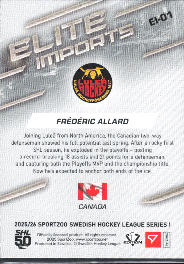 2025-26 SportZoo SHL S1 #EI-01 Frédéric Allard Elite Imports Light Copper 59/65 – baksida