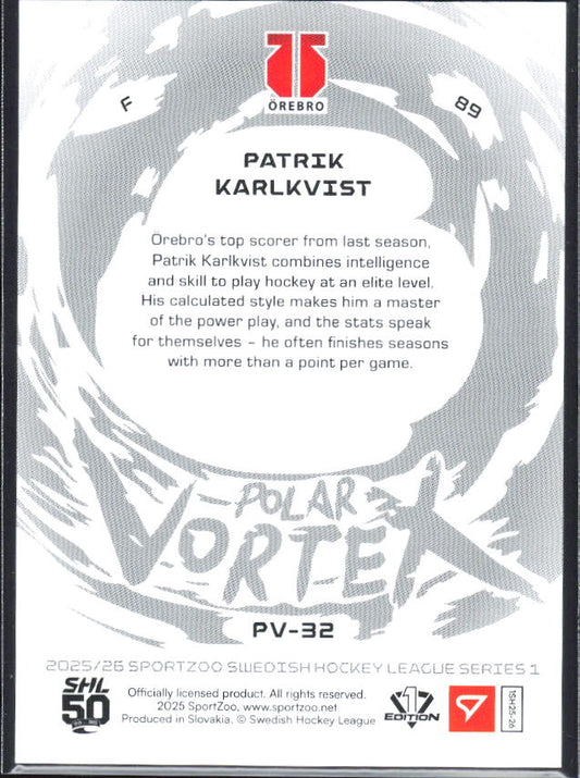 2025-26 SportZoo SHL S1 #PV-32 Patrik Karlkvist Polar Vortex Coral Copper /65 – baksida