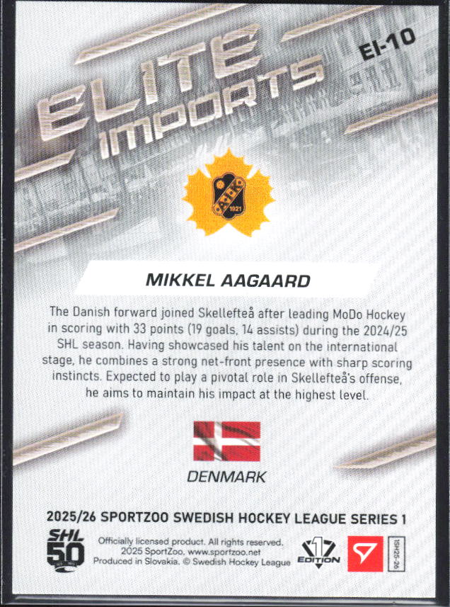 2025-26 SportZoo SHL S1 #EI-10 Mikkel Aagaard Elite Imports Light Copper 36/65 – baksida