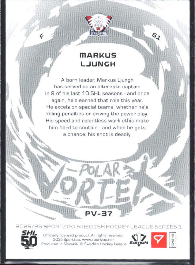 2025-26 SportZoo SHL S1 #PV-37 Markus Ljungh Polar Vortex Steel Blue 22/99 – baksida