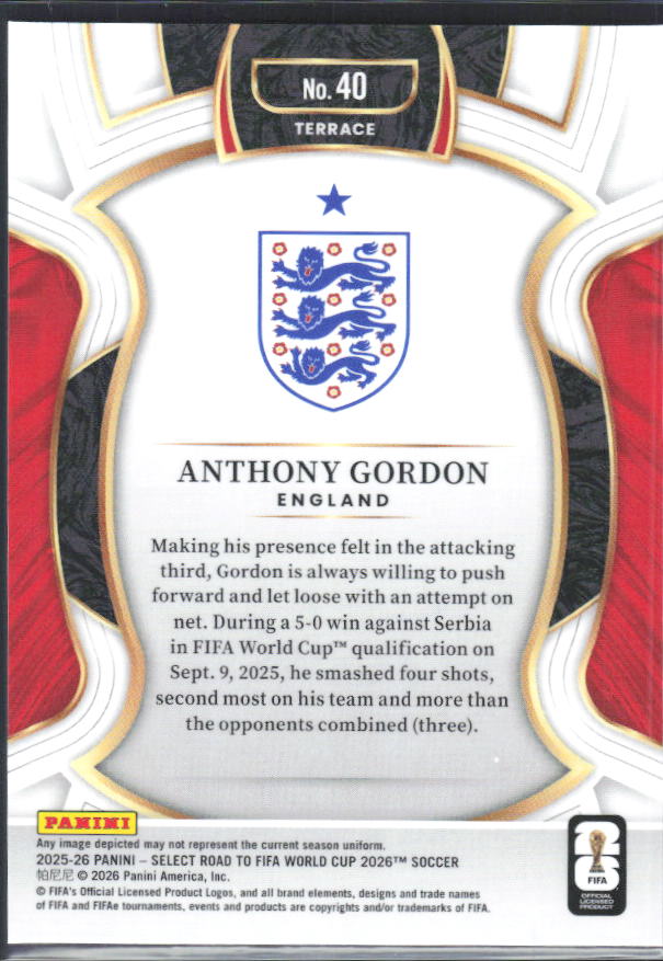 Anthony Gordon – 2025-26 Panini Select Road to FIFA World Cup #40 Terrace – baksida