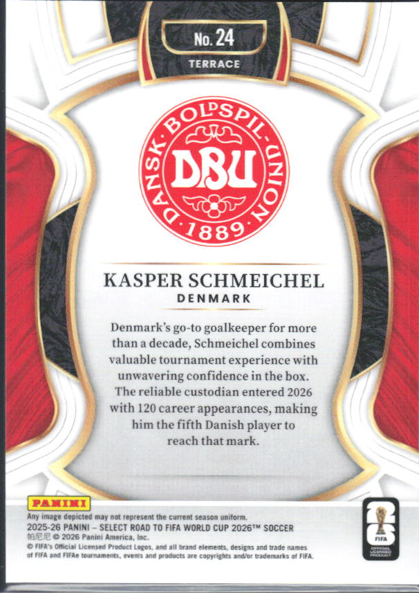 Kasper Schmeichel – 2025-26 Panini Select Road to FIFA World Cup #24 Terrace – baksida