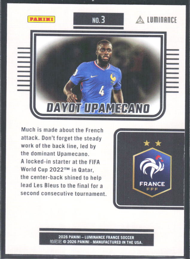 Dayot Upamecano – 2026 Panini Luminance France #3 – baksida