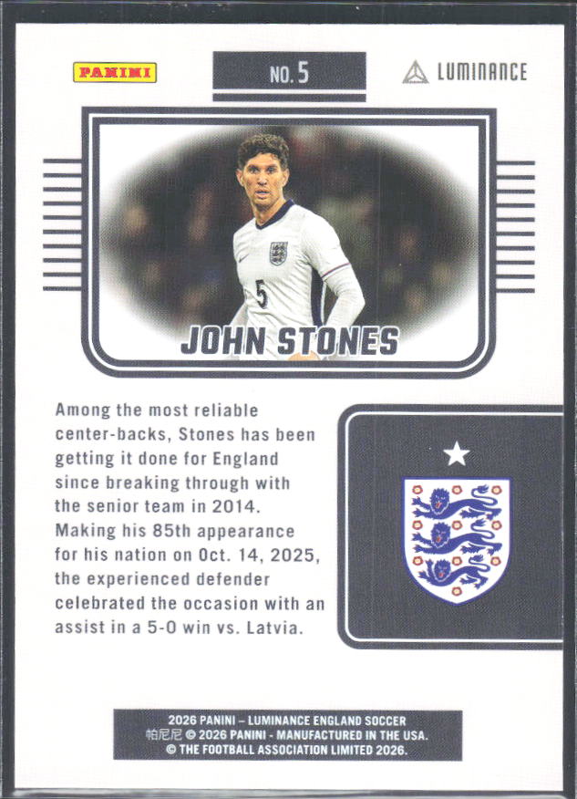 John Stones – 2026 Panini Luminance England #5 – baksida
