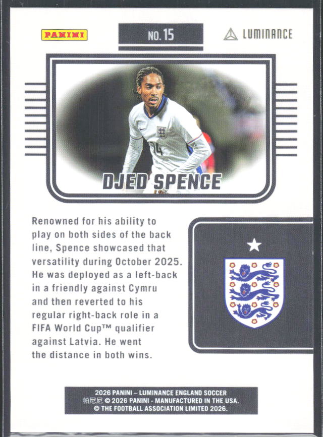 Djed Spence – 2026 Panini Luminance England #15 Magenta 33/85 – baksida